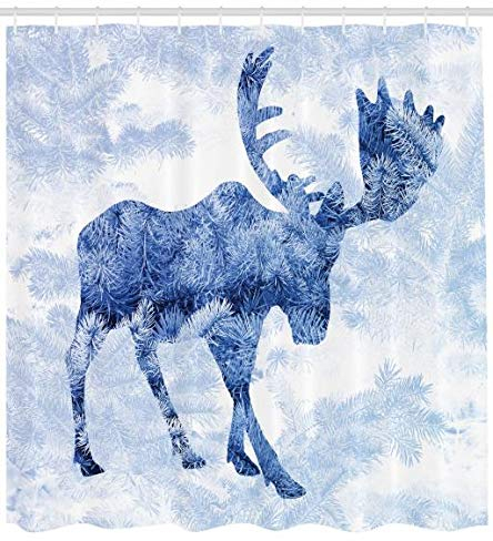 ABAKUHAUS Elch Duschvorhang, Blauer Winter Antlers Baum, Waserdichter Stoff mit 12 Haken Set Dekorativer, 175 x 200 cm, Violett Blau