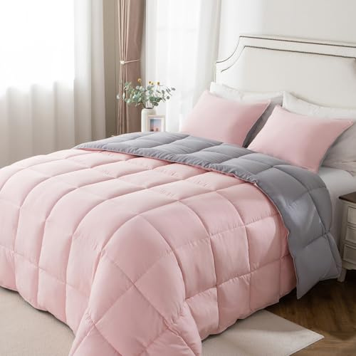 KASENTEX All Season Daunen-Alternative, gestepptes Bettdecken-Set mit Kissenbezügen, wendbar, ultraweich, hypoallergen, maschinenwaschbar, Queensize-Bett, rosa Potpourri/Quarz Silber