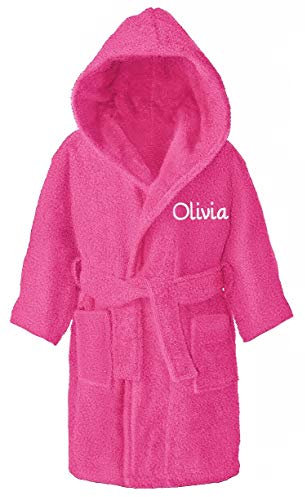 Personalised Children's Hooded Toweling Bathrobe Kids Dressing Gown 4-12 Years (Fuchsia, 4-6 Years)