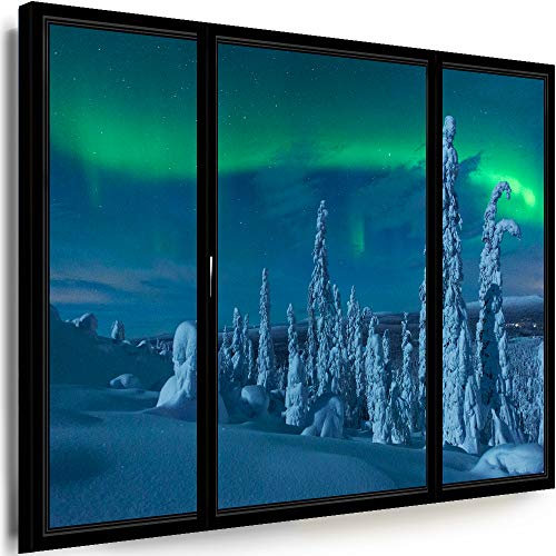 Myartstyle - Bilder Polarlicht Norwegen Fensterblick 150 x 100 cm Leinwandbild XXL - Wandbild 1 Teilig - Gerahmter Kunstdruck Winterlandschaft Fenster w-P-2021-92