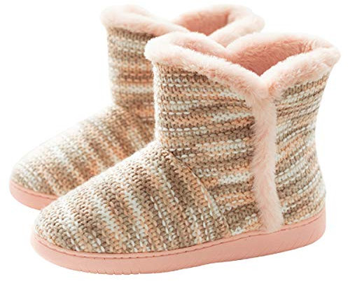 AONEGOLD Chausson Montant Femmes Hiver Tricoté Bottes Doux Laine Chaudes Peluche intérieur Antidérapant Pantoufles(Rose,Taille 39-40)