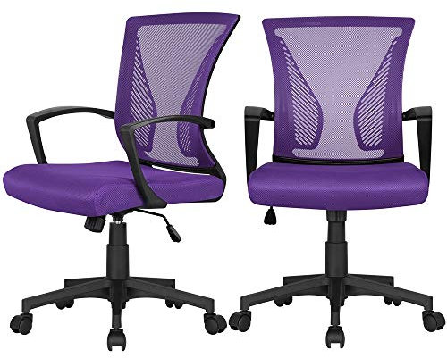 Yaheetech 2 Sedie da Scrivania Ufficio Studio in Rete Ergonomica a Rotelle Girevole Inclinabile Altezza Regolabile con Braccioli Viola