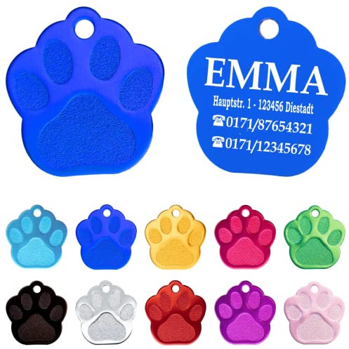 Ibera gifts - Hundemarke mit Gravur und personalisierte Hundemarke in Pfotenform für mittelgroße bis große Hunde und Katzen (Blau)