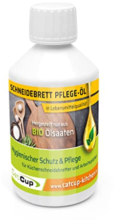 CatCup Schneidebrett Öl - Arbeitsplattenöl BIO - Premium Holzöl für Schneidebretter - Pflegeöl für Arbeitsplatten & Küchenzubehör - Schneidebrettöl aus Deutschland (250ml)