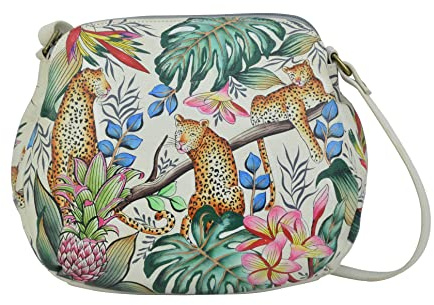 Anuschka Mittelgroße Handbemalte Handtasche mit mehreren Fächern aus echtem Leder - Jungle Queen Ivory