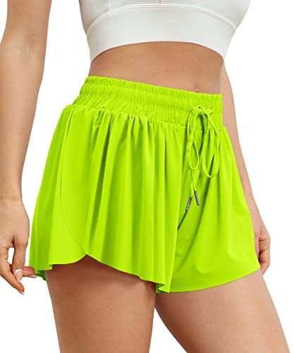 AUTOMET 2-in-1-Laufshorts für Damen, lässig, Sommer, athletische Shorts, Neon-Grün, Mittel