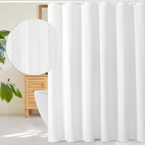 Gibelle Rideau de Douche Blanc en Tissu Doux texturé à Chevrons en Tissu Doux avec Crochets pour décoration de Salle de Bain Moderne – 183 x 183 cm