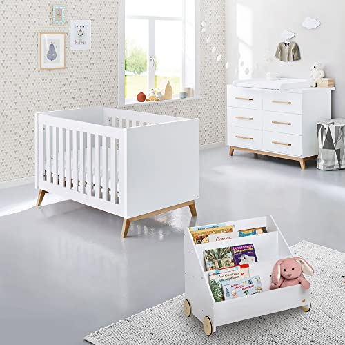 Lomadox Babyzimmer Set in weiß edelmatt inkl. Matratze mit Bücherregal