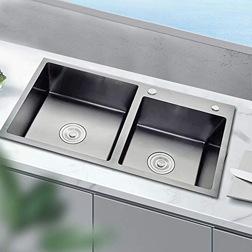 Fregadero empotrable de cocina doble de acero inoxidable con dispensador de jabón, 78 x 43 cm, de acero inoxidable, 2 cuencos, para cocina y lavandería, color negro