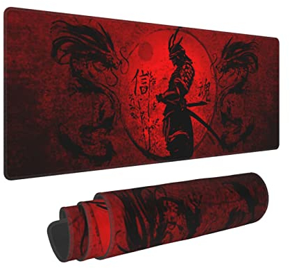 Japanese Samurai Cool Anime Red and Black Dragon Mouse Pad XL Extended Desk Mat, Non Slip Rubber Base Stitched Edge Gaming Pc Desktop Large Mice Pad,31.5 x 11.8 Inch