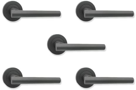 Infinity Decor Set of 5 Pairs T-Bar Lever Door Pull Handles on Round Rose Pack in Gun Metal Grey Finish - for Interior & Exterior Doors