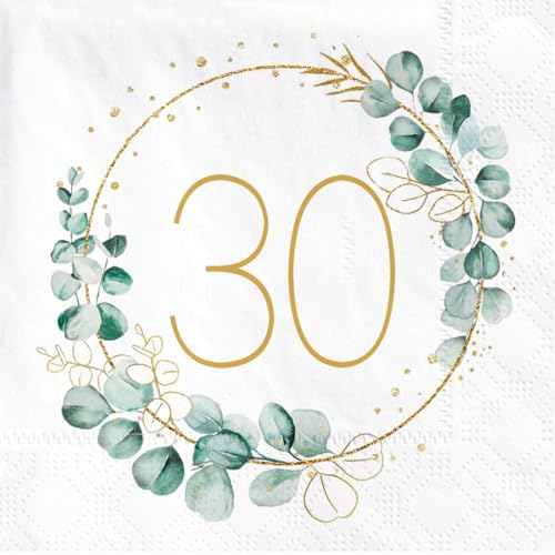 30. Geburtstag Deko Servietten, 40 Stück Servietten Eukalyptus Gold Grün Papierservietten für 30 Geburtstag Mann Frau Party Happy Birthday Geburtstagsdeko Dekoration
