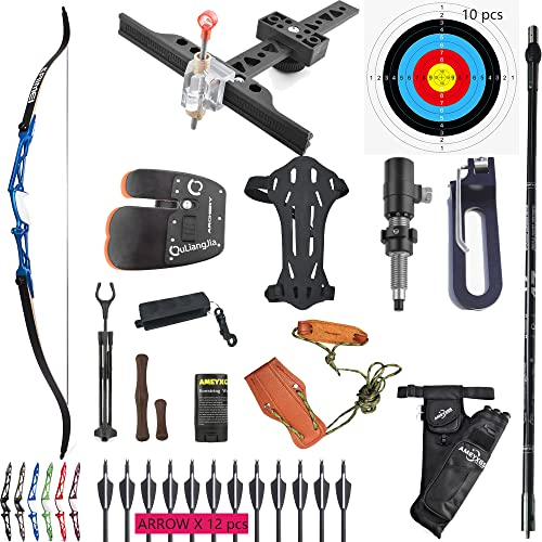 wolfman Bogenschießen Recurve Bogen Set Erwachsene 66/68/70 Zoll 12-40Lbs Bogen und Pfeil Set Praxis Bogen Wettbewerb Bogen Jagd Bogen für Bogenschießen Club Schießwettbewerb RH(Blau, 66/26Lbs)