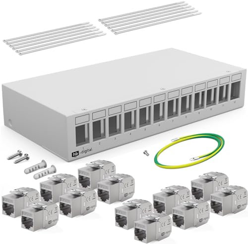 HB-DIGITAL Kit : boîtier de panneau de brassage à 12 ports pour modules Keystone + 12 prises femelles RJ45 Cat.8 Keystone pour installation réseau compatible avec câble de pose LAN Ethernet | Gris