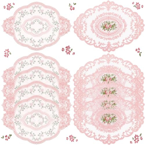 Mixweer 10 Stück Retro-Spitzen-Tischsets, oval, bestickt, französische Häkeldeckchen, Vintage-Untersetzer, Tassenmatte, 30,5 x 40,6 cm, für Hochzeit, Tasse, Vase, Tischdekoration (Rosa)