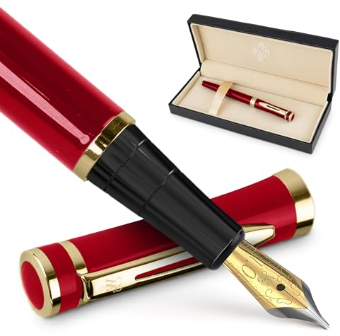 Wordsworth & Black Füllfederhalter-Set, breite 18-Karat-Goldfeder, inklusive 24 Tintenpatronen, Kolbenkonverter und Geschenkbox, goldfarben, Kalligraphie, Karminrot