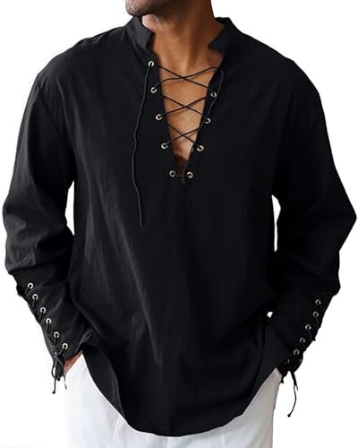 LUYANA Freizeithemden für Herren Men Shirts Leinenhemd Schottisch Jacobit Shirt Schnürhemd Schwarz M