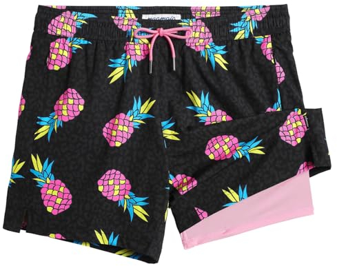 MaaMgic Herren Badehose mit Kompression Badeshorts 2 in 1 | 5.5 Schnelltrocknend lässige Swim Shorts Kurz Boardshorts mit Innenhose Reißverschlusstasche,03 Ananas Leopard Rosa Schwarz 5.5,M