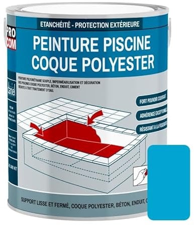 Peinture piscine coque polyester, béton, peinture piscine polyuréthane étanche et souple, haut de gamme PROCOM 3 Kg