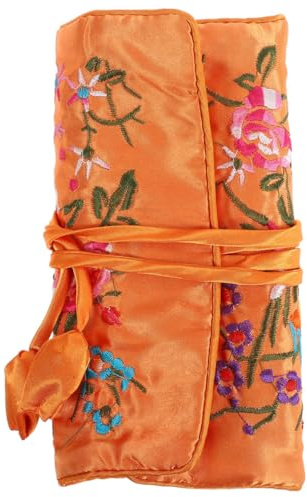 Amosfun Schmuck Reise-Beutel Aus Seide Und Satin - Handgefertigte Bestickte Schmuck-Organizer Tasche Mit 3 ReißVerschlusstaschen Ideal FüR Ohrringe ArmbäNder Und Halsketten 27X20Cm Orange