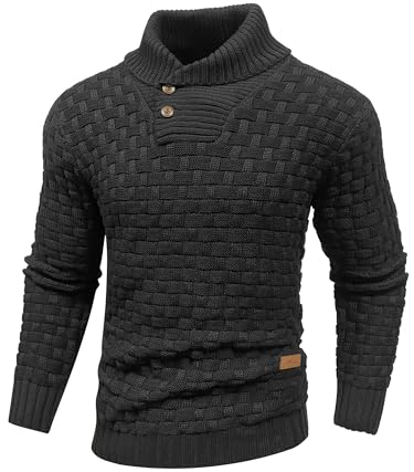 Qinfren Men's Jumpers Tops Winter Warm Knitted Stand Collar Jumper Long Sleeve Knitwear Pullover Sweaters for Men Buttons Twisted Winter Jumper Black