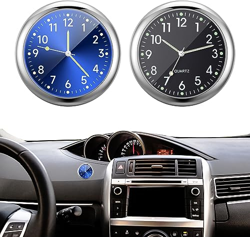 Tulov 2 Stücke autouhr, Mini-Fahrzeug-Armaturenbrettuhr, Mit Doppelseitigem Aufkleber und Lüftungsclip, Blaue mini car clock, Stilvolle Leuchtende Quarz-Autouhr für jedes Auto