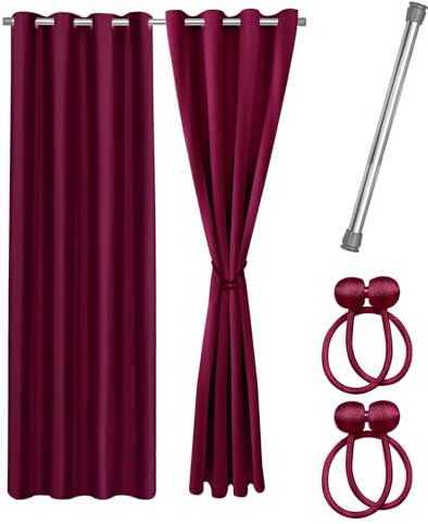 Praktisches Set ohne Bohren: 2x Vorhang + 1x Klemmstange silber 111-200 cm + 2x Raffhalter mit Magnet blickdicht & verdunkelnd, als Raumteiler, Fenster & Tür Rot Bordeaux Thermovorhang 200x135cm