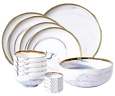 LIFENGFF Piatto Piano Set stoviglie 14 Pezzi, Bordo Oro, Piatto Marmorizzato, Elegante Servizio Piatti in Ceramica, Set stoviglie, Servizio per 4 Piatti