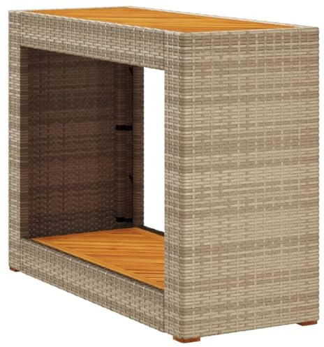 vidaXL Garten Beistelltisch, Outdoor Tisch mit Holzplatte, Gartentisch mit Stahlrahmen, Terrassentisch Couchtisch Gartenmöbel, Beige Poly Rattan