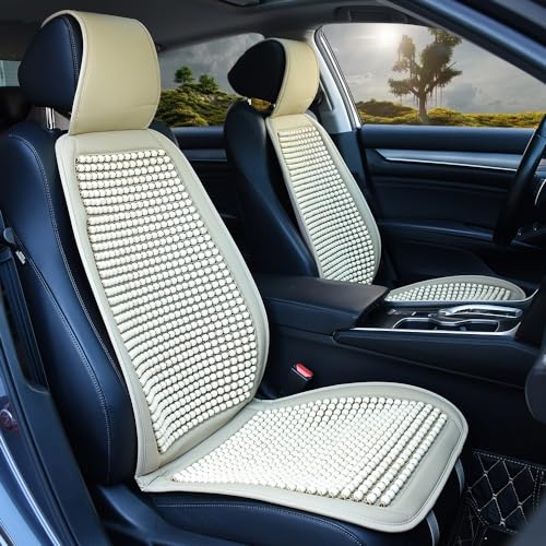Blueshyhall Auto Sitzbezug mit Massage, 1 Stück Coole Atmungsaktive Autositzbezüge Sitzauflage Auto Vordersitze Holzperlen Sitzauflage Universalle Massagekissen für Auto, Büro (Beige)