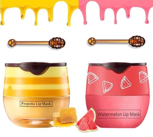 TITIMORE 2Pcs Bee Balm Lip Balm Honey Pot,Honey & Watermelon Lip Mask,Propolis Moisturizing Lip Sleeping Mask Reduces Lip Lines,Hydrating Honeybalm Prevention Dry and Cracked Lip