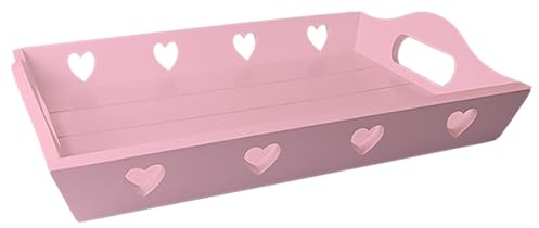 Tech Island Serving Tray, Wooden Breakfast Tray Rectangular Heart cut out Design Dinner/Drinks Reusable Serving Trays, Easy Grip Handles Ideal for Home Breakfast, party (Pink)
