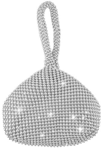 ANNASAMDO Damen Clutch Abendtasche, Strass Handtasche Silber Beuteltasch Glitzer Kleine Tasche mit Reißverschluss für Mädchen Kosmetik Party Freizeit Date