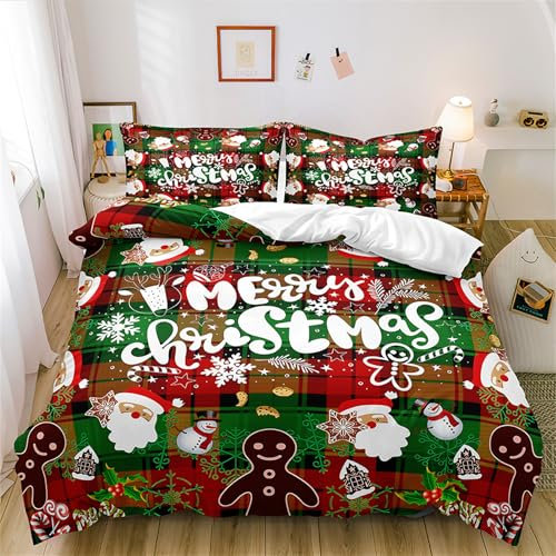 Gezu Housse de Couette 220X240cm Vert Rouge Blanc Flocon de Neige 3D Père Noël de Dessin Animé Parure de Lit 2 Personnes Cadeau pour enfants Linge de Lit Carreaux Literie avec 2 Taies d'oreiller 65x65