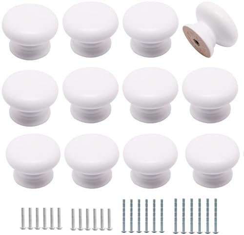 YuGtcen 12pcs Wooden Cabinet Knobs, Wood Dresser Knobs Kitchen Cabinet Knob Modern Round Knob for Furniture Cupboard Dresser Drawer Closet Door (White)