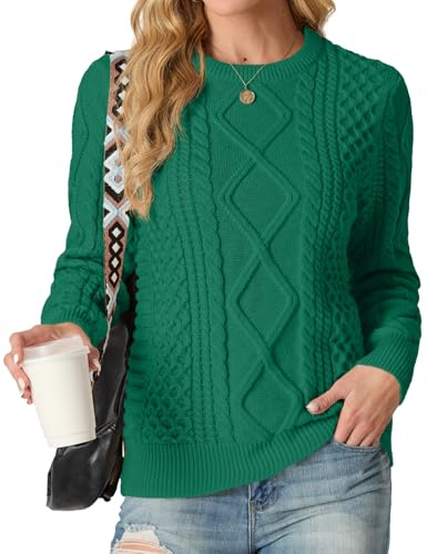 GRECERELLE Ladies Jumpers Crew Neck Cable Knitted Sweater for Women UK Long Sleeve Pullover Tops (Dark Green,M)