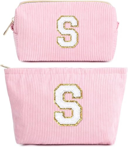 Geschenke für Mädchen, Initialen Gross Make up Tasche Reiseutensilien Kulturtasche Damen Cord-Schminktasche Weihnachten Geschenke für Frauen Beste Freundin Teenager Mädchen Rosa Kosmetiktasche S