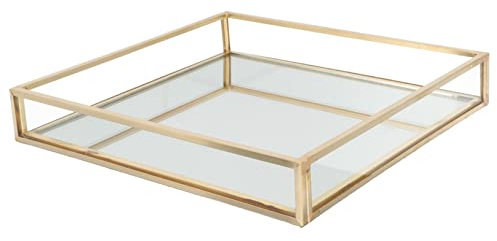 Parliky Messing Glas Tablett Parfümhalter Badezimmertablett Kosmetik Organizer Für Kommode Quadratisch 16x16x2,5cm Goldener Rand Robustes Material Wohnraumdekor