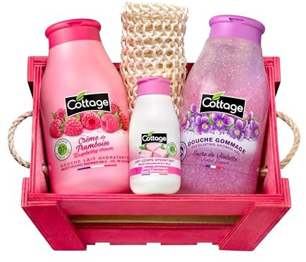 Cottage Coffret Cadeau Crème de Framboise - 1 Gel douche + 1 Douche Gommage + 1 Lait Corps Hydratant + 1 gant exfoliant - Fabriqué en France