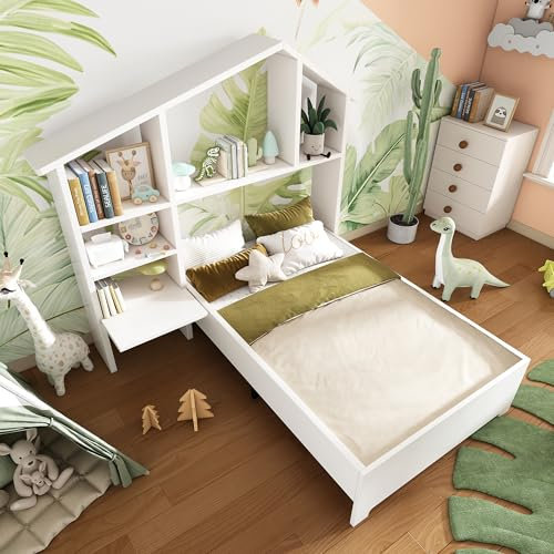 Merax Kinderbett Holzbett 90x200cm Einzelbett mit Bücherregale, Stauraumbett Bettgestell mit Lattenrost, offene Regale, Funktionsbett Flachbett Jugendbett, stabiles Metallrahmen, Ohne Matratze, Weiß
