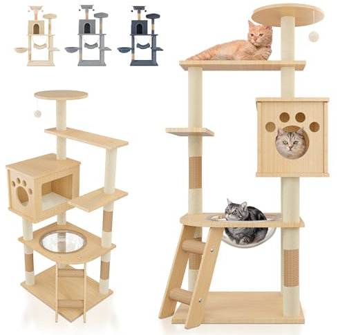JUPPLIES Rascador para Gatos 141cm - Arbol Rascador para Gatos Estable de Varios Niveles - Arbol para Gatos de Actividades con 5 Plataformas, 2 nidos y 1 Casa para Gatos - Torre Gatos (Madera)