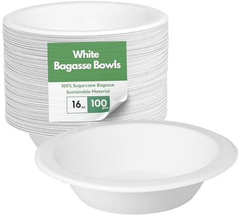 CaterCo Bagasse Sugarcane 16oz / 370ml Bowls - Strong, Disposable, Biodegradable, Compostable Eco-Friendly White Paper Bowl for Soup, Salad, Dessert, Party, BBQ - 16oz Bowls - 100 Pack