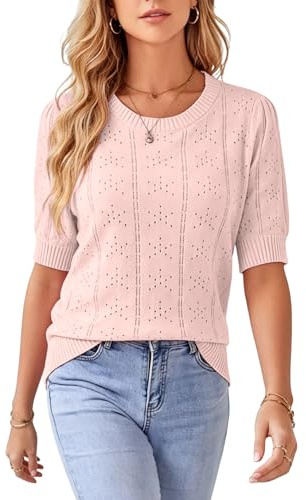 Timuspo Pull à manches courtes pour femme - Manches bouffantes - Élégant - Manches courtes - Pull à col rond - Décontracté, Rose pâle, S