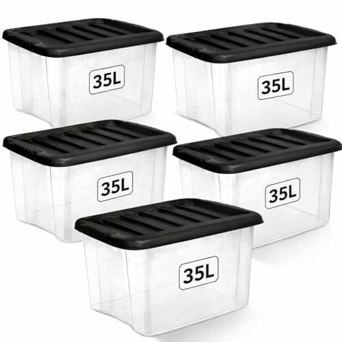 1ABOVE 5 Pack 35L Clear Plastic Storage Boxes with Black Lids – Strong BPA-Free Stackable & Nestable Storage Containers for Home, Office, Kitchen & Garage
