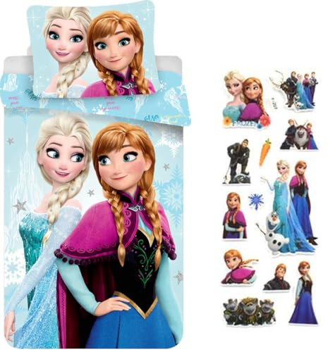 CR-Kids Bettwäsche Set für Frozen Eiskönigin Anna ELSA Bettbezug 135/140x200cm + 100% Baumwolle + GRATIS Stickerset