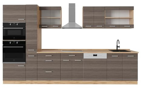 Vicco Küchenzeile R-Line, Edelgrau/Goldkraft Eiche, 350 cm ohne Arbeitsplatte
