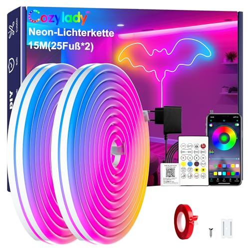 Cozylady RGB Neon Led strip Light, mit Fernbedienung, APP Steuerung, wasserdichte flexible Rgb Streifen, 24V LED Neon band für Schlafzimmer, Heiminnenausstattung Dekoration (15M/50Fuß)