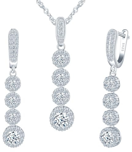 MICMIF Set di Collana e Orecchini Lunghi da Sposa, Parure Gioielli Zircone in Argento 925 per Donna, Orecchini a Goccia con Zirconi Collana con Ciondolo, Gioielli Elegante Catena 45cm