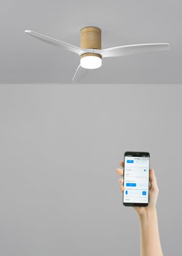 CREATE / WINDCALM M/Ventilador de techo ABS con luz efecto madera clara aspas blanco con Wifi y mando / 40W, Silencioso, Ø132 cm, 6 velocidades, 3 temperaturas de luz, función verano-invierno