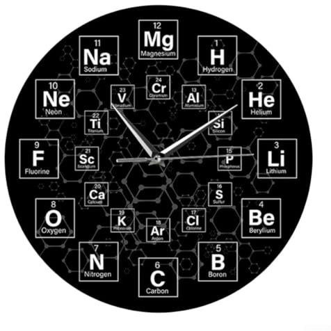 Moderne Wanduhr mit Chemie und Wissenschaft, Periodensystem, abgerundet, stumm, Wanduhr, 30 x 30 cm, schwarz, dekorative Uhr, Periodensystemuhr, Labor